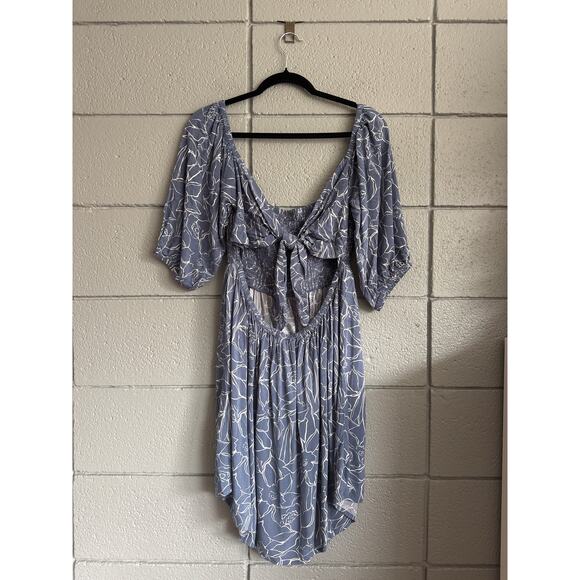 Women's Roxy Satin Sands Cutout Tie-Back Linear Floral Mini Dress in Bijou Blue - Picture 4 of 5